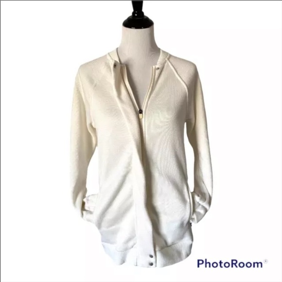 Womens Fabletics Sz Small Varsity Jacket Bomber White Zip Snap Pockets Comfort - Picture 1 of 8